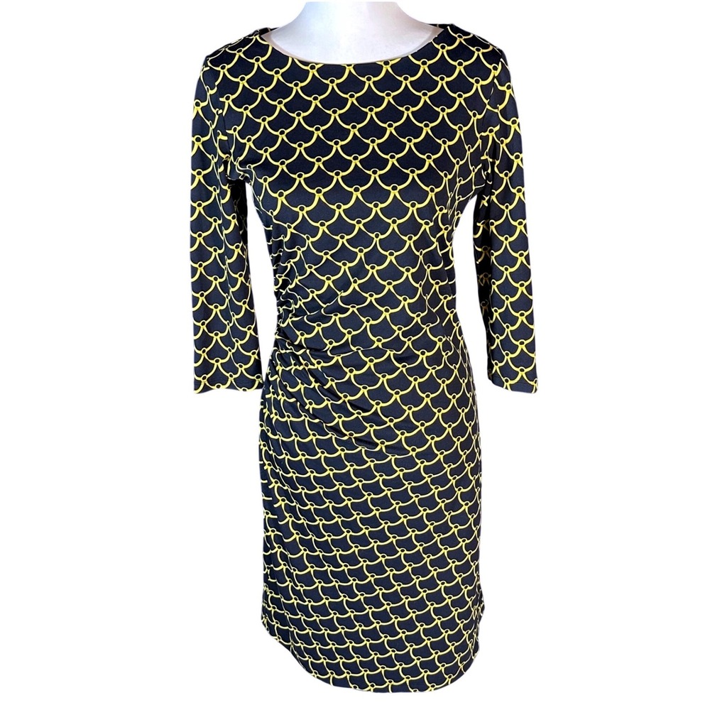 J.McLaughlin Sheath Dress Women Size S Navy Yellow Chain Link Ruched 3/4 Sleeve